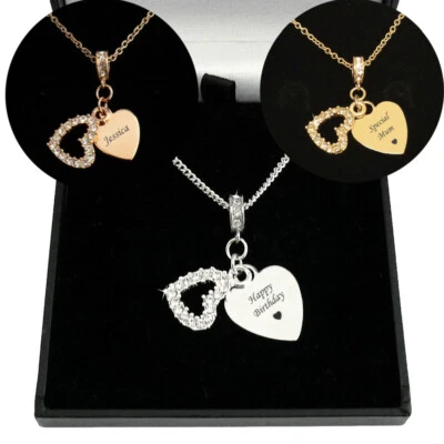 Personalised Necklace, Engraved, Two Heart Pendants, Silver, Gold or Rose Gold - Image 1 of 4