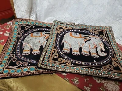 Pair Of Eastern Asian Boho Ornate Satin Embroider Elephant Pillow Covers 15 X 15 - Image 1 of 4