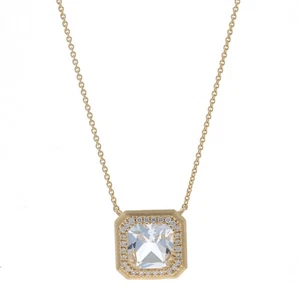 Oro Giallo Quarzo & Diamante Halo Collana -14k Quadrato .14ctw Brushed - Foto 1 di 6