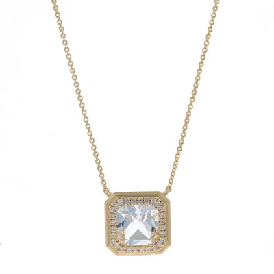 Oro Giallo Quarzo & Diamante Halo Collana -14k Quadrato .14ctw Brushed - Immagine 1 di 4