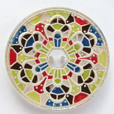 Vintage Glass Button Back Painted Stained Glass Effect Renaissance Reviv. 1 3/4" - Image 1 of 4