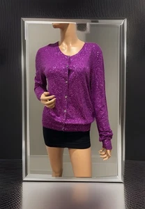 dkny cardigan cashmere e seta completamente paillettes taglia large colore viola  - Foto 1 di 11