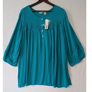 Westbound Woman Teal Blue Blouse Pop Over 3/4 Sleeves Crochet Flowy Size 2X New - Picture 1 of 8