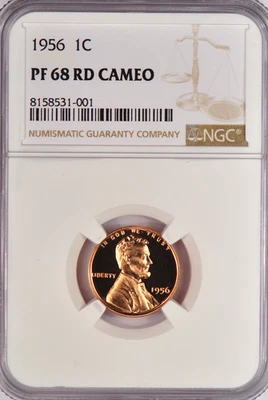 1956 Lincoln Wheat Cent Proof NGC PF 68 RD CAMEO PR68RD CAM Frosty Coin 1C - Image 1 of 2
