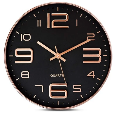 Reloj de Pared Negro - 12 Pulgadas Oro Rosa Silencioso No Tictac Calidad Cuarzo Batería... Foto 1 de 4