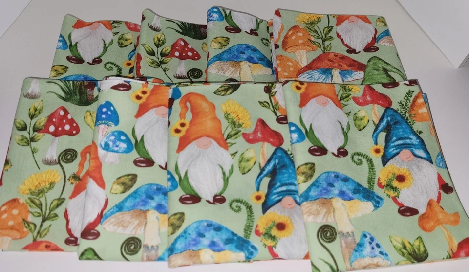 Lot of 8 Fat Quarters Gnomes Cotton Fabric  Gnomes Mushrooms Sunflowers Colorful - Image 1 of 3