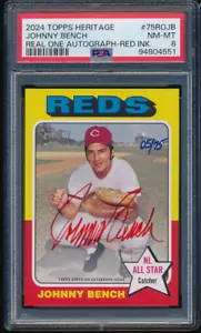 Johnny Bench 2024 Topps Heritage Real One Auto Red Ink 5/75 Jersey # PSA 8 - Picture 1 of 1