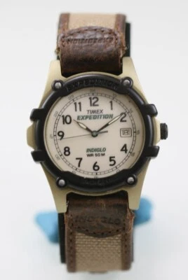 Timex Uomo Orologio Nero Oro Plastica Beige Marrone Nylon Pelle 50m Data Quarzo - Immagine 1 di 4