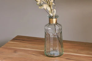 1 Short Glass Bottle Stem Vase Gold Brass Neck. Chara Decorative Hammered Nkuku - Picture 1 of 5