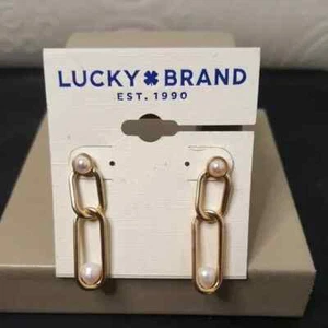 LUCKY BRAND SATIN GOLD PLATED WHITE FAUX PEARL PIERCED EARRINGS NWT - Picture 1 of 3