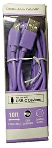 Wireless Gear 10FT USB-C Sync Adapter Car Charger BL3402 Purple NIP Free Ship - Picture 1 of 7