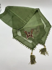 Luxury CBK Butterfly Sheer Green Table Runner Beads & Fringe. 72” Made in India. - Picture 1 of 11
