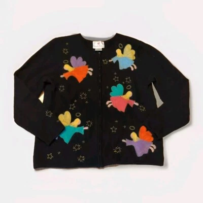 Quacker Factory Sweater Womens Large Wool Black Beaded Appliqué Angels Zip - Image 1 of 4