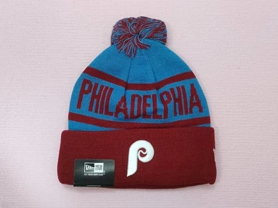 NEW ERA Philadelphia Phillies Knit Beanie Hat Blue & Dark Red Pompom - Image 1 of 4