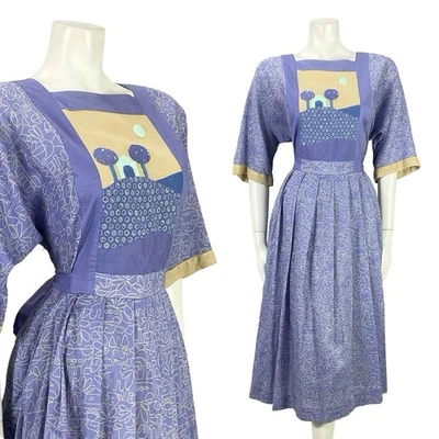 VESTIDO PLISADO VINTAGE AÑOS 70 PÚRPURA BEIGE GEOMÉTRICO BOHO PAISAJE APLIQUES 12 Foto 1 de 4