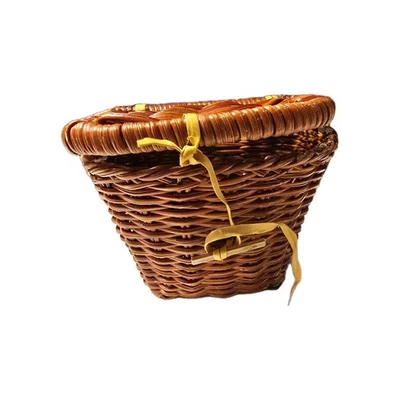 Vintage Handwoven Wicker Hanging Basket w/ Lid & Yellow Raffia Ties Rustic Wall - Image 1 of 4