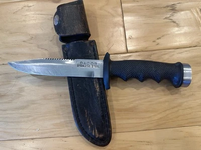 Cuchillo de buceo vintage Dacor de acero inoxidable Japón con funda de cuero Buck 119 Foto 1 de 4