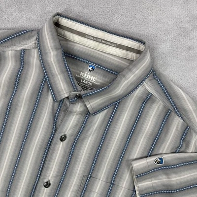 Kuhl Shirt Mens Large Gray Blue Stripe Short Sleeve Button Front Outdoor Casual - Image 1 of 4