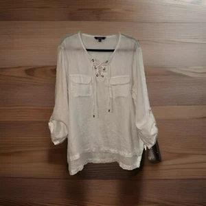 Company Ellen Tracy White 100 Percent Linen Tunic Top V neck Pockets XXL - Picture 1 of 9