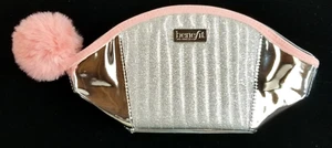 Benefit Cosmetics Makeup Travel Bag Pom Pom Handle Silver Pink NWOT - Picture 1 of 10