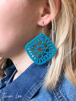 Blue Geometric Earrings | Crochet Jewelry | Big Drop Earrings - Image 1 of 4