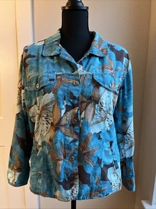 CHICO'S Jacket Blazer Light Coat Top Aqua Blue Brown Flower Floral Sz M - Picture 1 of 14