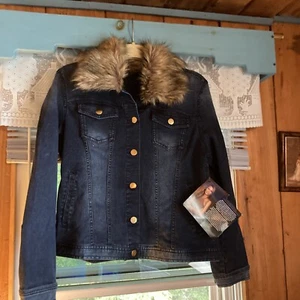 iman global chic women’s M Cotton jacket pit-pit 19” Removable faux  Fur Collar - Picture 1 of 6
