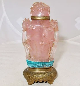 4.25" Old Chinese Carved Pink Quartz Snuff Bottle w/ Phoenix Birds & Metal Stand - Picture 1 of 12