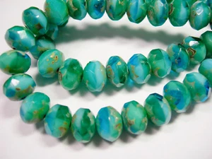 25 8x6mm Turquoise Aqua Blend Picasso Czech Fire polished Rondelle beads - Picture 1 of 2