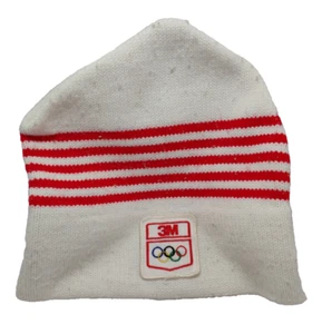 Vintage Olympiade 3M Wollstrumpf Mütze Beanie Wintermütze rot weiß Strick - Bild 1 von 3