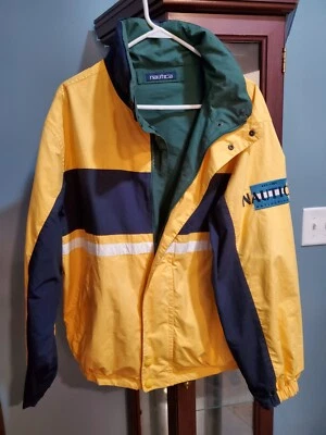 Nautica Jacket Adult Large Yellow Navy Green Reversible Hidden Hood Snap Zip - Image 1 of 4
