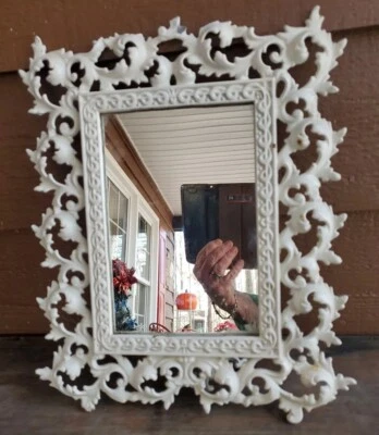 Vintage Shabby Chic Cast Iron Mirror White Rustic Vanity Stand-up Italian Tole - Image 1 of 4