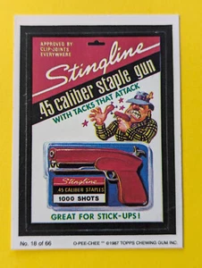 1987 OPC Wacky Packages Series 3 #18 Stringline .45 Caliber Staple Gun. - Foto 1 di 3