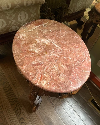 "Mesa auxiliar tallada a mano de caoba y mármol 24"" H - estilo rococó vintage" Foto 1 de 3