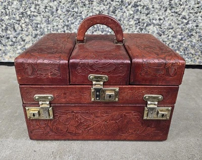 Vintage Tooled Leather Artmex Mexico Travel Overnight Vanity Train Case - Image 1 of 4