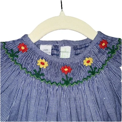 VIVE LA FETE Smocked Bishop Dress Blue with Pretty Pink & Yellow  Flowers 24 Mo - Image 1 of 4