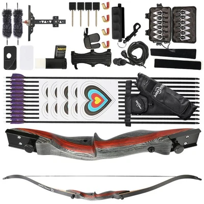 62" Takedown Recurve Bow Arrows Kit 20-50lbs Wooden Hunting Bow Target Shooting - Image 1 of 4