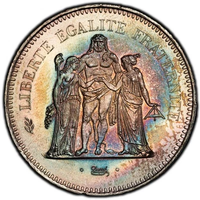 MS66 1977 Francia plata 50 francos, PCGS Trueview - bellamente tono arco iris Foto 1 de 4