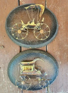 Vintage Set Of 2, 3 Dimensional Metal Brass Copper Wall Art On Oval Wood Base - Picture 1 of 7
