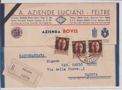 RSI 1944 CARTOLINA  RACCOMANDATA DA FELTRE ( BL ) 17/06/44 PER PADOVA FB.TIR. VR - Immagine 1 di 3