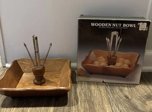 Vintage Wooden Nut Bowl With Cracking  & 2 Picking Tools Scalloped  Edges - Picture 1 of 10