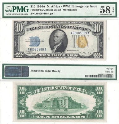 1934-A $10 North Africa Fr-2309 PMG AU-58 EPQ - Image 1 of 3
