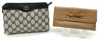 Auth Gucci GG Supreme PVC Navy Clutch Bag/Bamboo Leather Beige Wallet NS101693 - Image 1 of 4