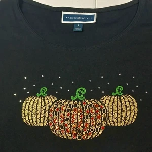 Gr. SM Karen Scott Halloween Herbst Schmuck Kürbis Baumwolle verziert 3/4-Arm Top - Bild 1 von 9