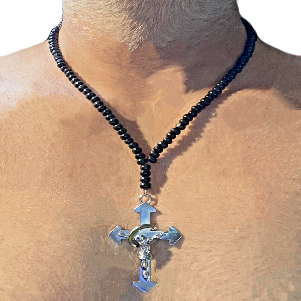 Collana rosario nero da uomo donna con croce ciondolo crocifisso lunga 50 cm  - Immagine 1 di 4