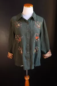 Breckenridge Woodland Animals Cottagecore Long Sleeve Button Up Shirt Green L - Picture 1 of 13
