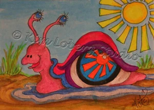 Snail retro Sun Neon Shell mollusk aceo EBSQ Kim Loberg mini Animal fantasy Art - Picture 1 of 4