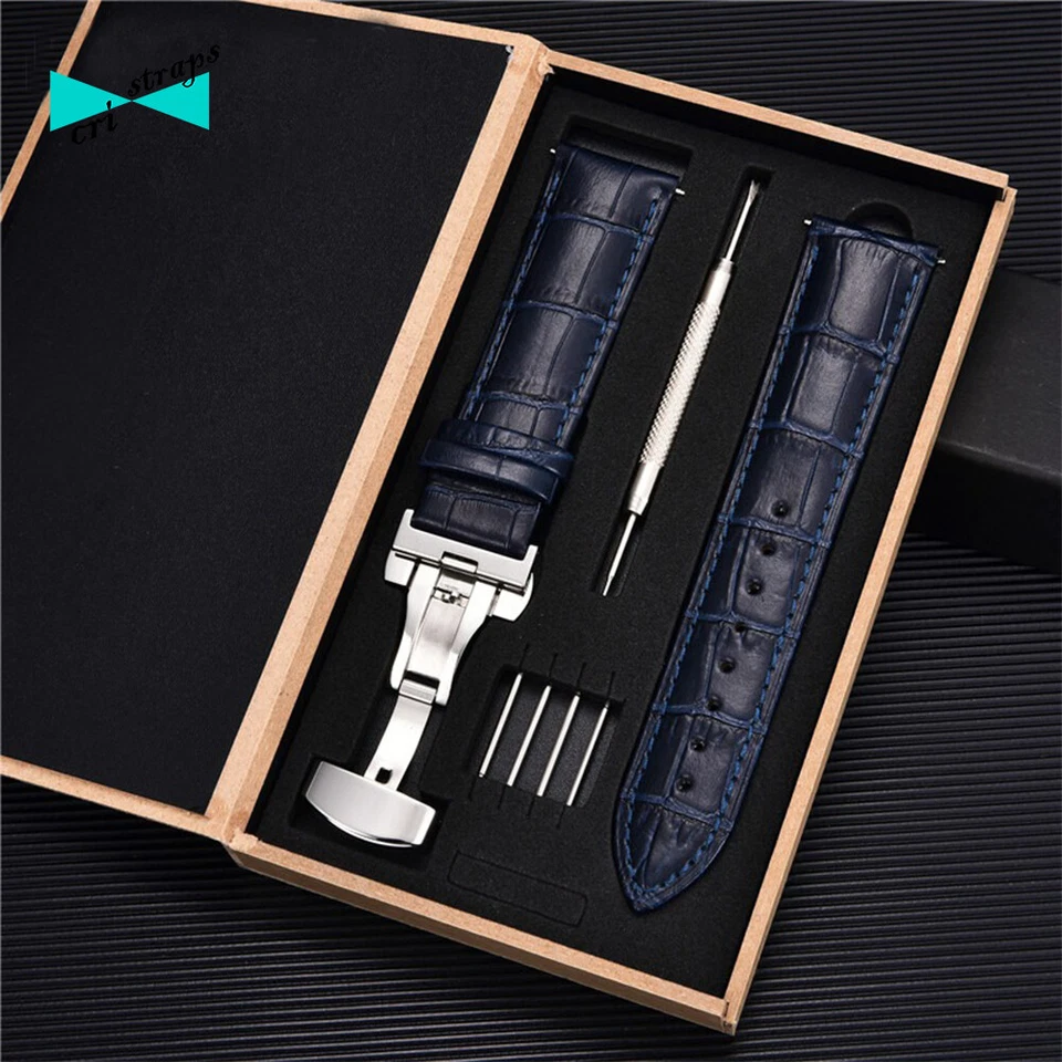 CRISTRAPS Cinturino orologio in pelle coccodrillo blu scuro deployante da 18 20 22 24 mm