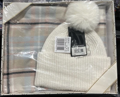 Nine West Womens Plaid Wrap & Diamond Stitch Beanie Set Ivory - Image 1 of 3