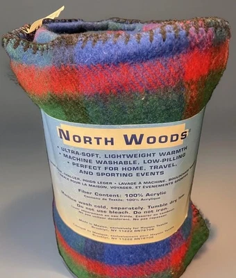Nueva manta tejida vintage North Woods acrílico rojo púrpura azul a cuadros 44"x65" Foto 1 de 4